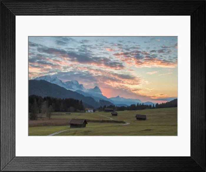 Framed Print : Sunset on wooden huts and meadows with the Alps in background, Geroldsee, Krun, Garmisch Framed Print : Sunset on wooden huts and meadows with the Alps in background, Geroldsee, Krun, Garmisch