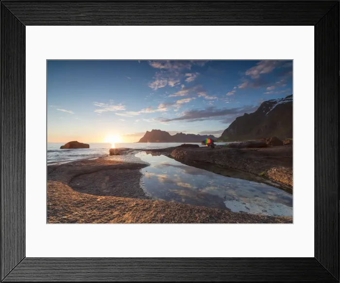 Framed Print : Pink clouds and midnight sun are reflected in the blue sea framed by rocky peaks Framed Print : Pink clouds and midnight sun are reflected in the blue sea framed by rocky peaks