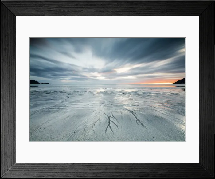 Framed Print : Midnight sun and clouds frame the sandy beach of Skagsanden, Flakstad, Nordland county