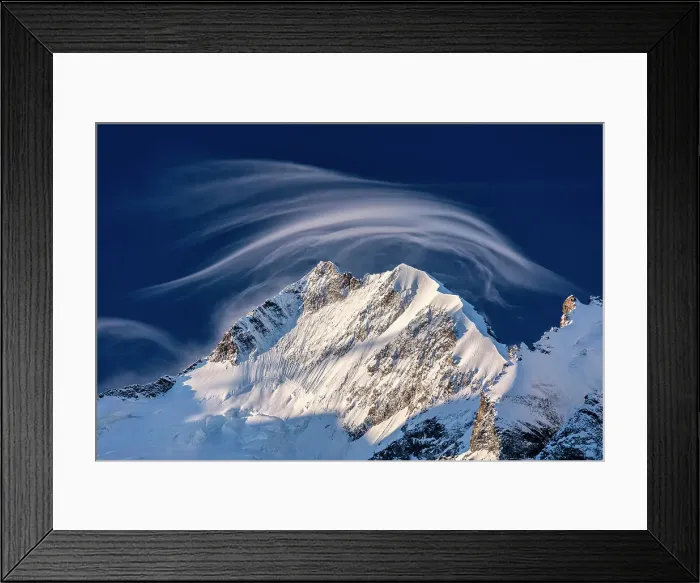 Framed Print : White cloud at dawn lights up Piz Bernina and Biancograt, Engadine, Canton of Graubunden