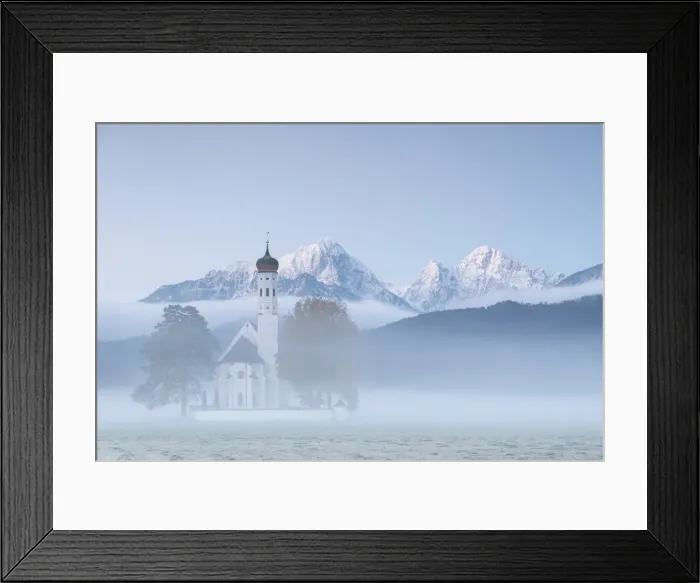 Framed Print : The autumn fog at sunrise frames St. Coloman Church surrounded by snowy peaks, Schwangau