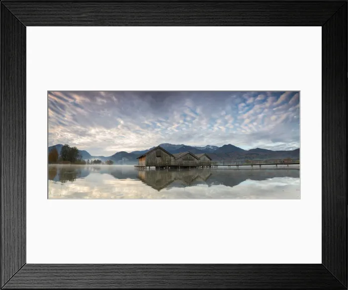 Framed Print : Panorama of Kochelsee framed by pink clouds at sunset, Schlehdorf, Bavaria, Germany