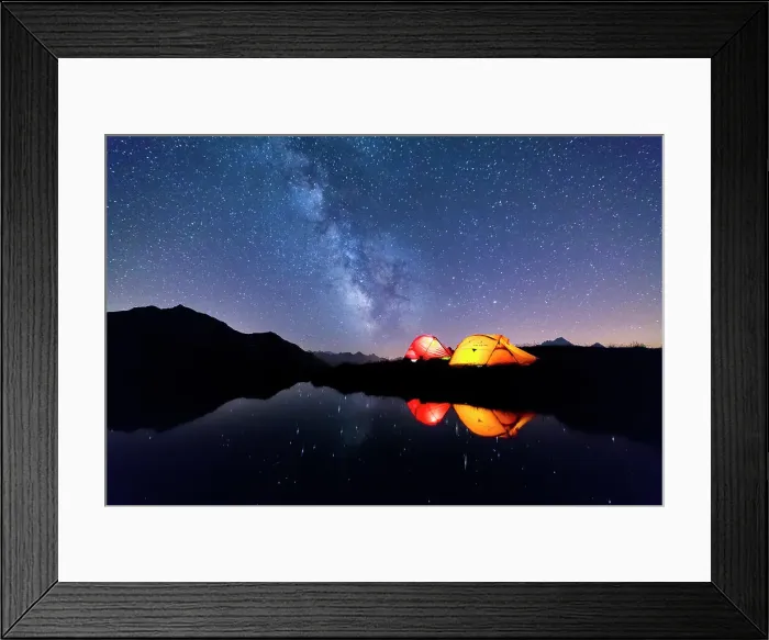 Framed Print : Tents reflected in the alpine lake on a starry night, Mont De La Saxe, Courmayeur Framed Print : Tents reflected in the alpine lake on a starry night, Mont De La Saxe, Courmayeur