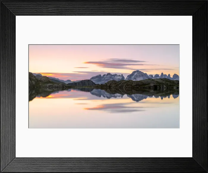 Framed Print : Pink clouds are reflected in Lago Nero at dawn, Cornisello Pinzolo, Brenta Dolomites Framed Print : Pink clouds are reflected in Lago Nero at dawn, Cornisello Pinzolo, Brenta Dolomites