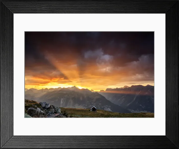Framed Print : Rays of sun of fiery sky at sunset above the peaks, Muottas Muragl, St Framed Print : Rays of sun of fiery sky at sunset above the peaks, Muottas Muragl, St