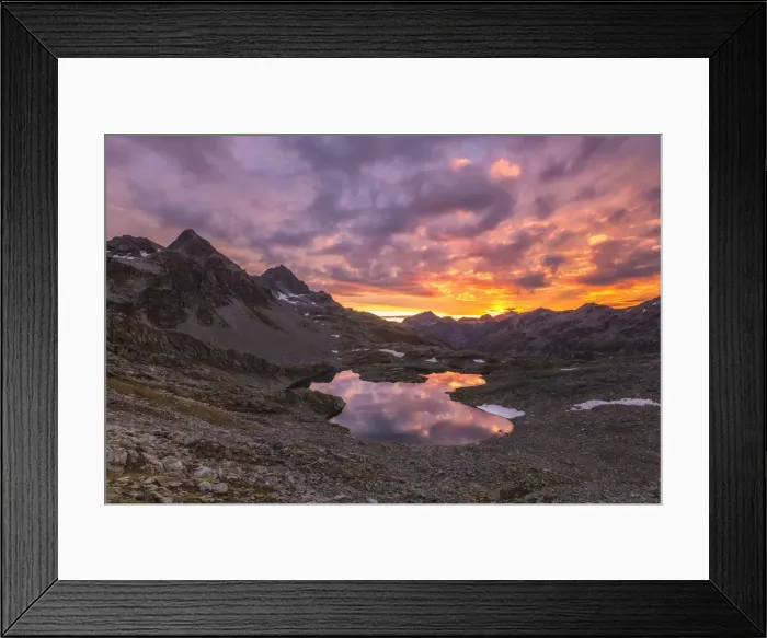 Framed Print : Fiery sky at dawn reflected in Lai Ghiacciato framed by peaks, Val Ursaregls, Chiavenna Valley Framed Print : Fiery sky at dawn reflected in Lai Ghiacciato framed by peaks, Val Ursaregls, Chiavenna Valley