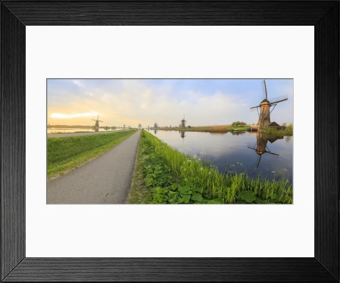 Framed Print : Panorama of the typical windmills reflected in the canals at dawn, Kinderdijk, UNESCO Framed Print : Panorama of the typical windmills reflected in the canals at dawn, Kinderdijk, UNESCO