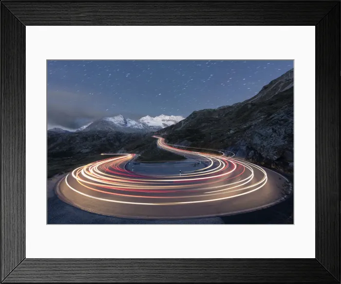 Framed Print : Star trail and lights of car traces, Bernina Pass, Poschiavo Valley, Engadine, Canton of Graubunden Framed Print : Star trail and lights of car traces, Bernina Pass, Poschiavo Valley, Engadine, Canton of Graubunden