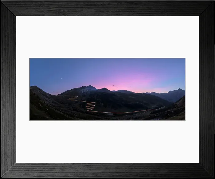 Framed Print : Panoramic of lights of car traces at sunset, Spluga Pass, Chiavenna Valley, Switzerland Framed Print : Panoramic of lights of car traces at sunset, Spluga Pass, Chiavenna Valley, Switzerland