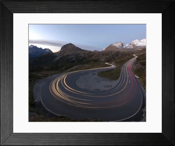 Framed Print : Panoramic of lights of car traces, Bernina Pass, Poschiavo Valley, Engadine, Canton of Graubunden Framed Print : Panoramic of lights of car traces, Bernina Pass, Poschiavo Valley, Engadine, Canton of Graubunden