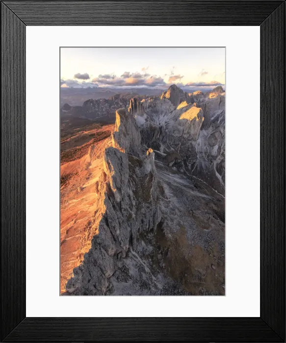 Framed Print : Aerial view of the rocky peaks of Roda Di Vael at sunset, Catinaccio Group (Rosengarten) Framed Print : Aerial view of the rocky peaks of Roda Di Vael at sunset, Catinaccio Group (Rosengarten)