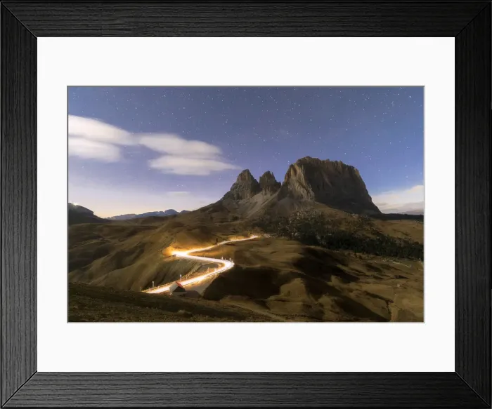 Framed Print : Lights of car trails with Sassopiatto in the background, Dolomites, South Tyrol, Italy Framed Print : Lights of car trails with Sassopiatto in the background, Dolomites, South Tyrol, Italy