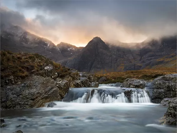 The Black Cuillin mountains in Glen Brittle from the Fairy Pools, Isle of Skye, Inner Hebrides