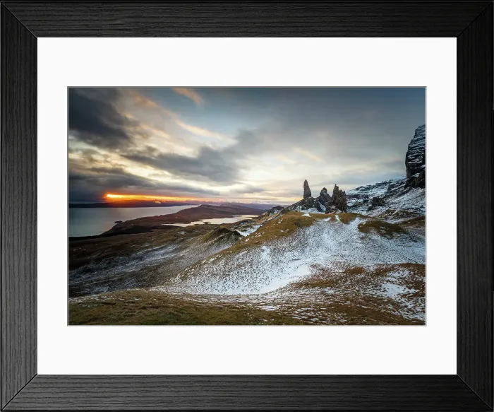 Framed Print : Sunrise breaks through on to a wintery landscape at the Old Man of Storr, Isle of Skye Framed Print : Sunrise breaks through on to a wintery landscape at the Old Man of Storr, Isle of Skye