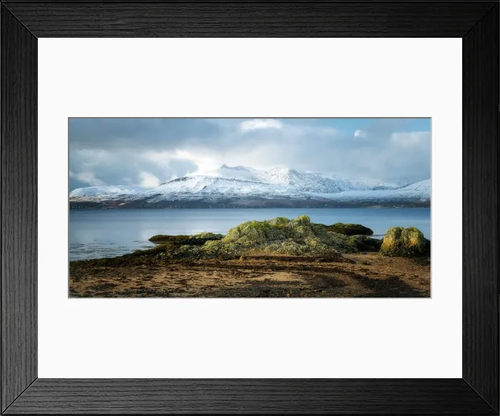 Framed Print : Cuillin Mountain range in the snow from Ord Beach, Isle of Skye, Inner Hebrides, Scotland Framed Print : Cuillin Mountain range in the snow from Ord Beach, Isle of Skye, Inner Hebrides, Scotland