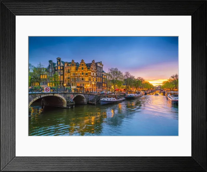 Framed Print : Traditional Dutch gabled houses and canal at dusk, Amsterdam, Netherlands, Europe Framed Print : Traditional Dutch gabled houses and canal at dusk, Amsterdam, Netherlands, Europe