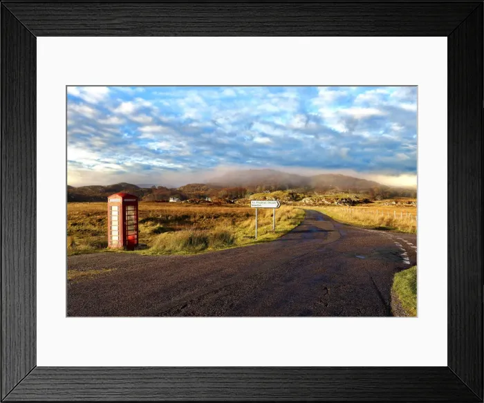 Framed Print : Autumn view of a red telephone box at the side of a quiet road in the remote misty Framed Print : Autumn view of a red telephone box at the side of a quiet road in the remote misty