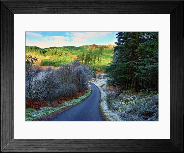Framed Print : A winter view of a winding road through a wooded valley in the Ardnamurchan Peninsula Framed Print : A winter view of a winding road through a wooded valley in the Ardnamurchan Peninsula