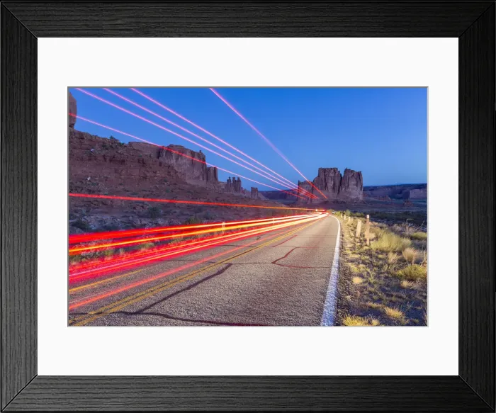 Framed Print : Car lights, Arches National Park, Moab, Utah, United States of America, North America Framed Print : Car lights, Arches National Park, Moab, Utah, United States of America, North America