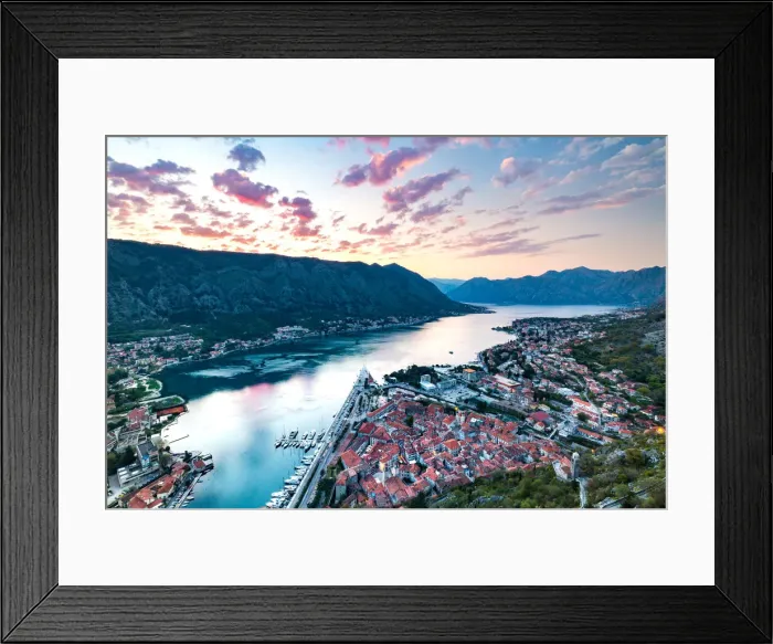 Framed Print : Looking over the Old Town of Kotor and across the Bay of Kotor viewed from the fortress at sunset Framed Print : Looking over the Old Town of Kotor and across the Bay of Kotor viewed from the fortress at sunset