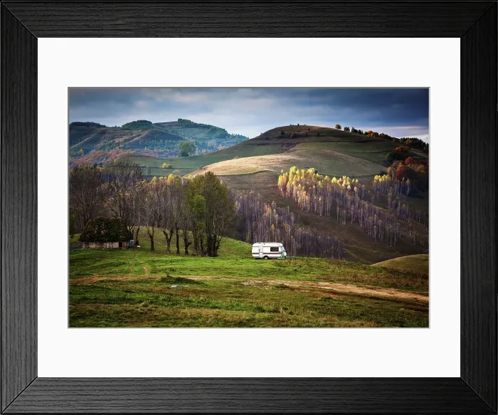 Framed Print : Caravan in autumn landscape, Apuseni mountains, Romania, Europe Framed Print : Caravan in autumn landscape, Apuseni mountains, Romania, Europe