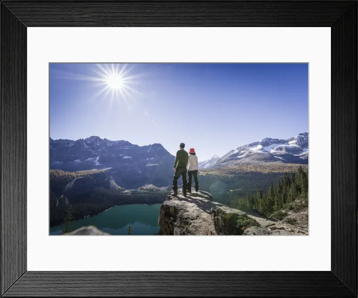 Framed Print : Hikers looking at the view of Alpine mountains and Lake O Hara from the Alpine circuit trail Framed Print : Hikers looking at the view of Alpine mountains and Lake O Hara from the Alpine circuit trail