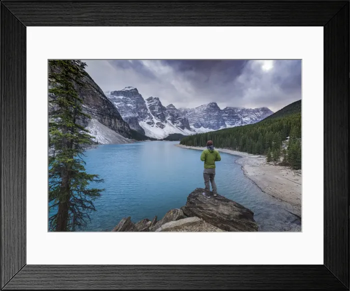Framed Print : Tourist watching the scenery of the Moraine Lake, Banff National Park, UNESCO World Heritage Site Framed Print : Tourist watching the scenery of the Moraine Lake, Banff National Park, UNESCO World Heritage Site
