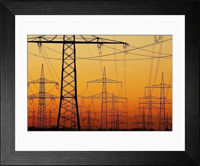 Framed Print : Pylons and power lines in morning light, Germany, Europe Framed Print : Pylons and power lines in morning light, Germany, Europe