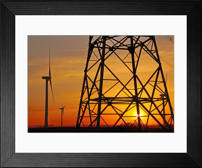 Framed Print : Windmills, pylon and power lines in morning light, Germany, Europe Framed Print : Windmills, pylon and power lines in morning light, Germany, Europe