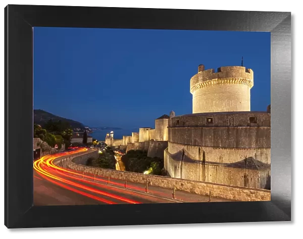 Minceta tower and city walls with traffic light trails, Dubrovnik Old Town, Dubrovnik