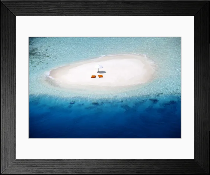 Framed Print : Aerial view of a sandbank, pillows and sun umbrella, Maldives, Indian Ocean, Asia Framed Print : Aerial view of a sandbank, pillows and sun umbrella, Maldives, Indian Ocean, Asia