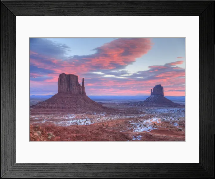 Framed Print : Sunrise, West Mitten Butte on left and East Mitten Butte on right, Monument Valley Framed Print : Sunrise, West Mitten Butte on left and East Mitten Butte on right, Monument Valley