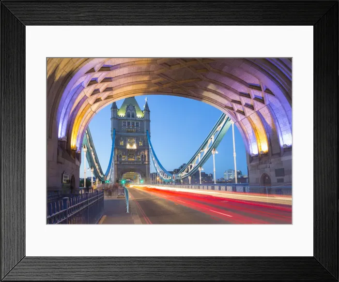 Framed Print : View of North Tower of Tower Bridge and car trail lights at dusk, London, England Framed Print : View of North Tower of Tower Bridge and car trail lights at dusk, London, England