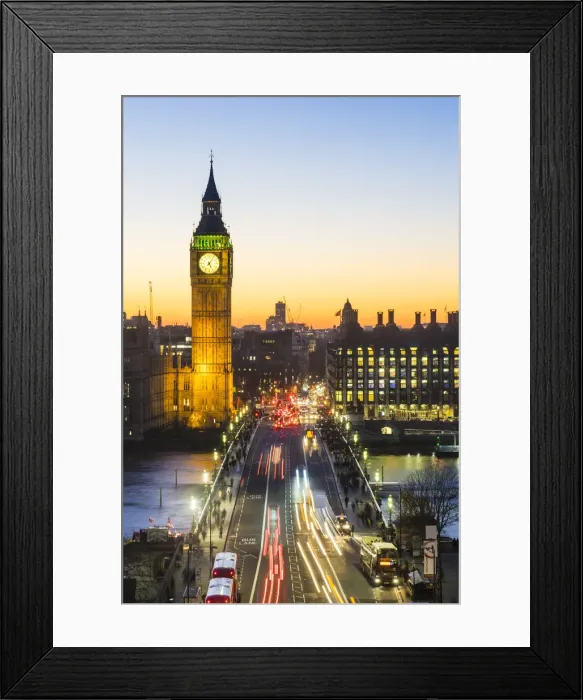Framed Print : High angle view of Big Ben, the Palace of Westminster and Westminster Bridge at dusk Framed Print : High angle view of Big Ben, the Palace of Westminster and Westminster Bridge at dusk