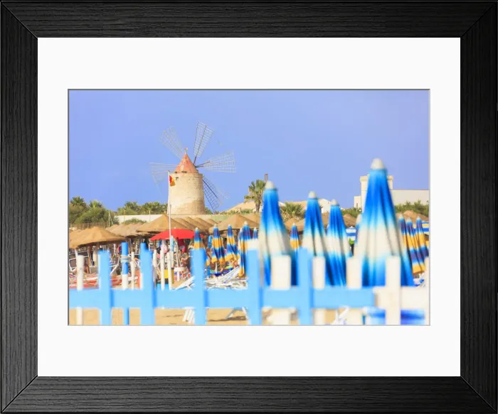 Framed Print : Beach umbrellas and windmill, Baia dei Mulini, Trapani, Sicily, Italy, Mediterranean Framed Print : Beach umbrellas and windmill, Baia dei Mulini, Trapani, Sicily, Italy, Mediterranean