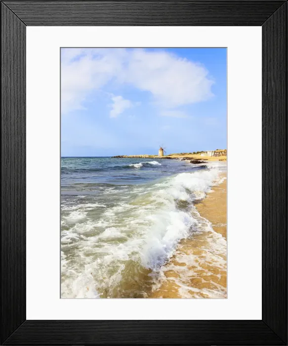 Framed Print : Sea waves crashing on sand beach of Baia dei Mulini, Trapani, Sicily, Italy, Mediterranean Framed Print : Sea waves crashing on sand beach of Baia dei Mulini, Trapani, Sicily, Italy, Mediterranean
