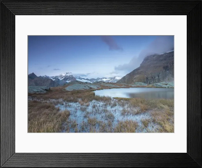 Framed Print : Alpine lake with Monte Disgrazia in the background, Alpe Fora, Malenco Valley, province of Sondrio Framed Print : Alpine lake with Monte Disgrazia in the background, Alpe Fora, Malenco Valley, province of Sondrio
