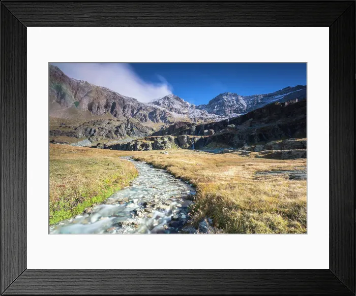 Framed Print : Creek flowing between meadows, Alpe Fora, Malenco Valley, province of Sondrio, Valtellina Framed Print : Creek flowing between meadows, Alpe Fora, Malenco Valley, province of Sondrio, Valtellina