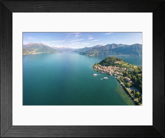 Framed Print : Panoramic aerial view of Bellagio on green promontory surrounded by Lake Como, Province of Como Framed Print : Panoramic aerial view of Bellagio on green promontory surrounded by Lake Como, Province of Como