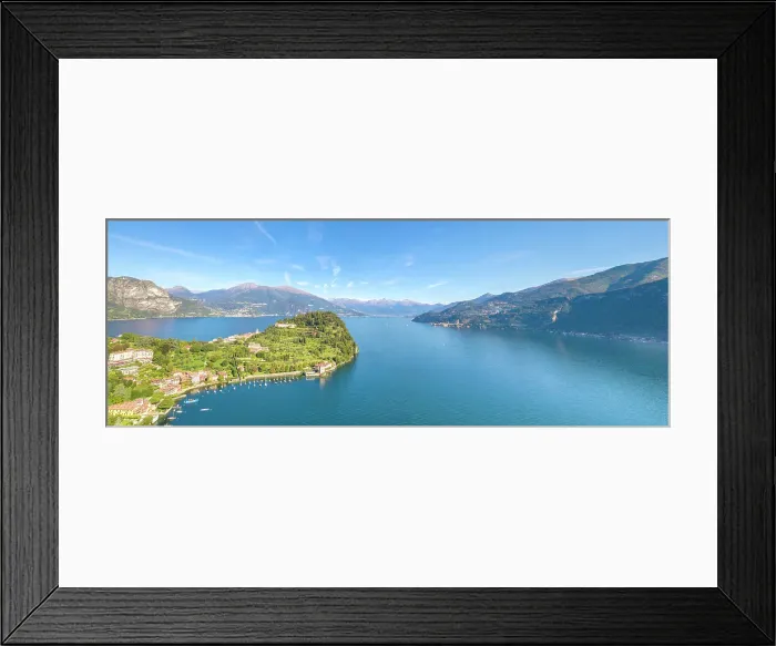 Framed Print : Panoramic aerial view of the village of Pescallo and Lake Como, Bellagio, Province of Como Framed Print : Panoramic aerial view of the village of Pescallo and Lake Como, Bellagio, Province of Como