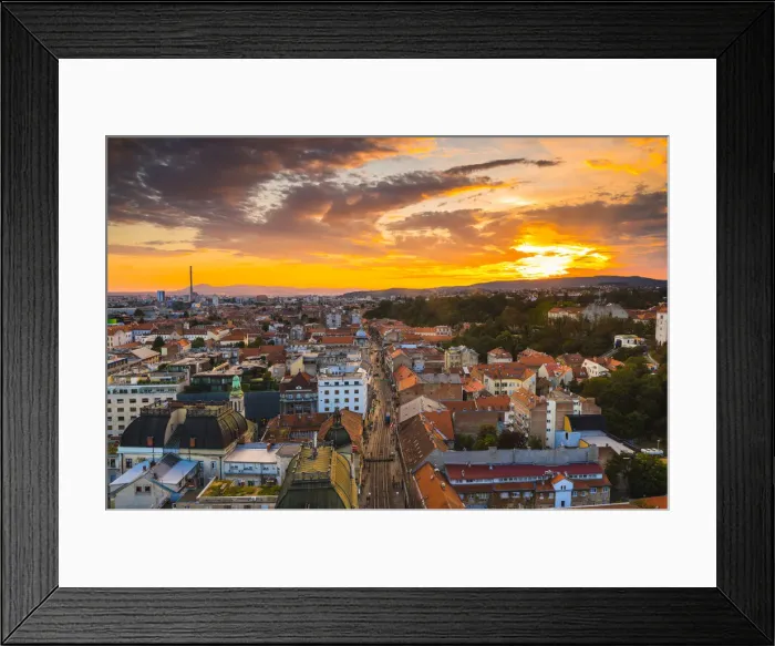 Framed Print : View of the city at dusk, Zagreb, Croatia, Europe Framed Print : View of the city at dusk, Zagreb, Croatia, Europe