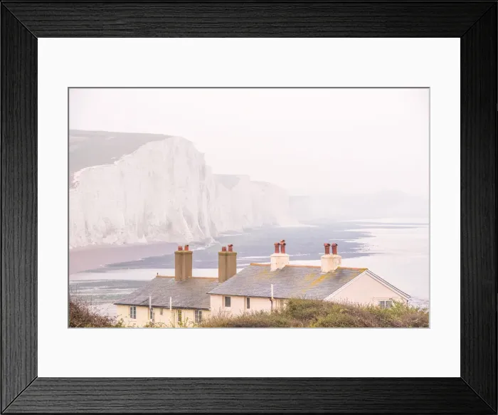 Framed Print : Cuckmere Haven and the Seven Sisters chalk cliffs on a misty day, South Downs National Park Framed Print : Cuckmere Haven and the Seven Sisters chalk cliffs on a misty day, South Downs National Park