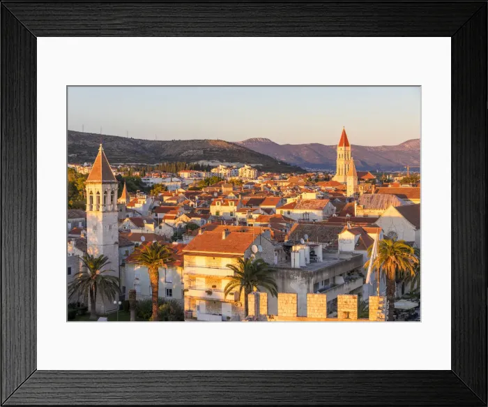 Framed Print : Elevated view from Kamerlengo Fortress over the old town of Trogir at sunset, UNESCO Framed Print : Elevated view from Kamerlengo Fortress over the old town of Trogir at sunset, UNESCO