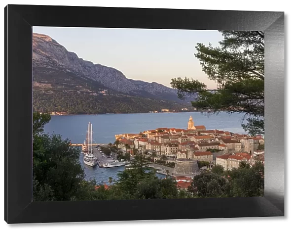 View from a lookout over the old town of Korcula, Croatia, Europe