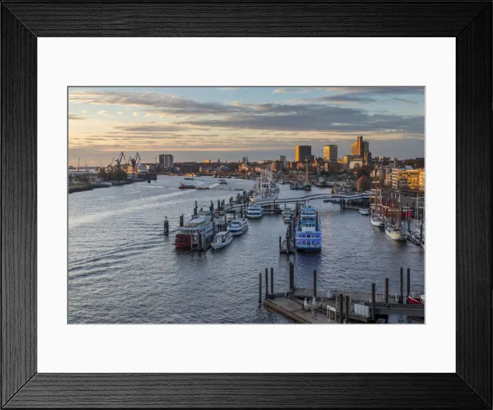 Framed Print : Elevated view from the Elbphilharmonie building over the port of Hamburg at sunset Framed Print : Elevated view from the Elbphilharmonie building over the port of Hamburg at sunset