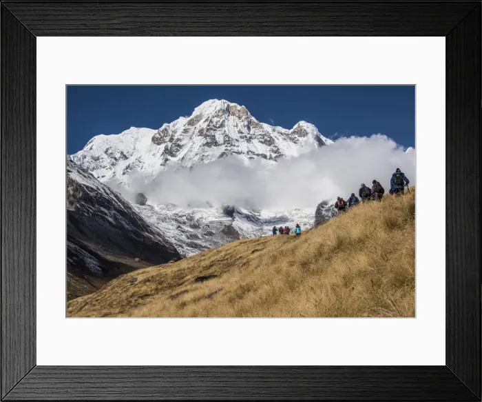 Framed Print : A group of Trekkers approaching Annapurna Base Camp, with Annapurna South looming Framed Print : A group of Trekkers approaching Annapurna Base Camp, with Annapurna South looming