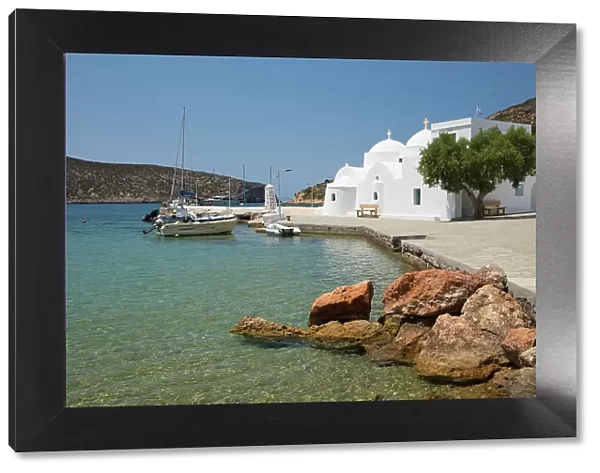 View of harbour and Greek Orthodox church, Vathi, Sifnos, Cyclades, Aegean Sea, Greek Islands