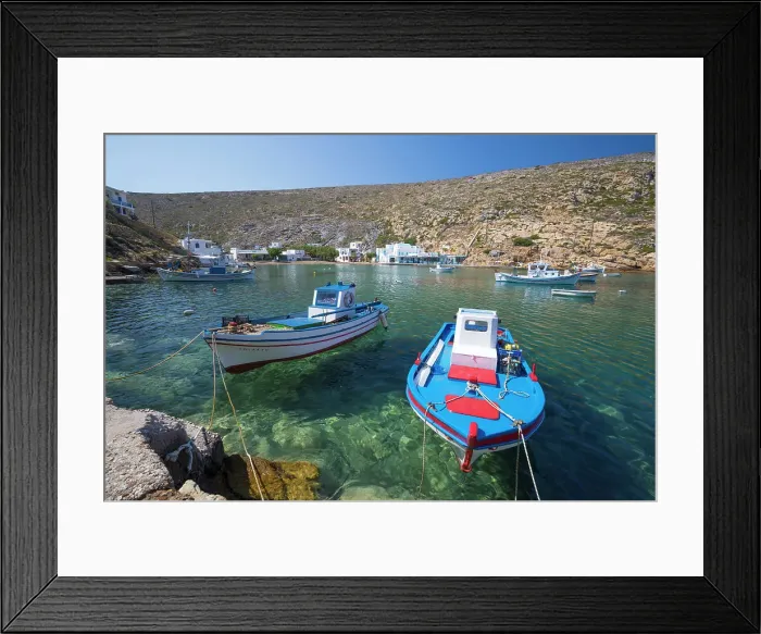 Framed Print : View over crystal clear water and fishing boats in harbour, Cheronissos, Sifnos, Cyclades Framed Print : View over crystal clear water and fishing boats in harbour, Cheronissos, Sifnos, Cyclades