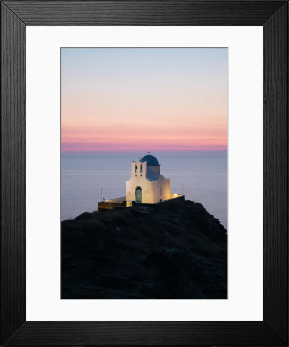 Framed Print : White Greek Orthodox chapel of Eftamartyres on headland, Kastro, Sifnos, Cyclades Framed Print : White Greek Orthodox chapel of Eftamartyres on headland, Kastro, Sifnos, Cyclades