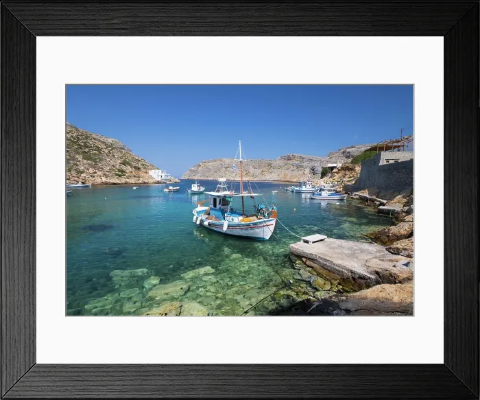 Framed Print : View of crystal clear water and fishing boats in harbour, Cheronissos, Sifnos, Cyclades Framed Print : View of crystal clear water and fishing boats in harbour, Cheronissos, Sifnos, Cyclades